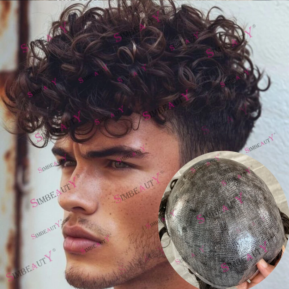 

Super Durable Full Thin Skin Base 20mm Curly 100% Human Hair Men's Toupee Cool Brown Grey Male Hair Prosthesis Natural Frontline