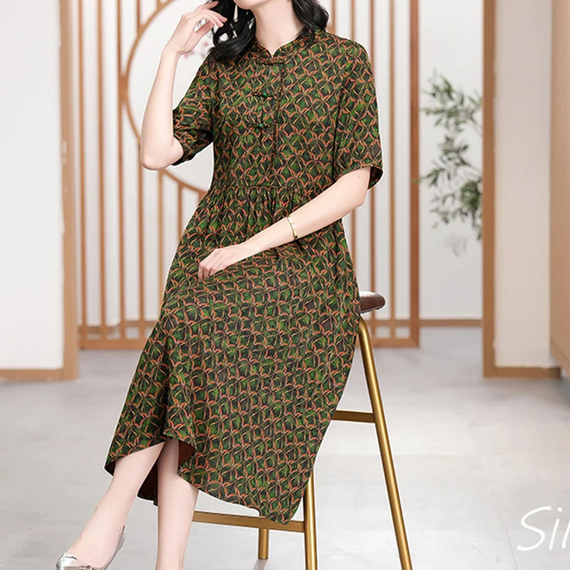 BirdTree 43%Real Silk Plus Size Dresses Women,Stand Neck Short Sleeves Print,Slim Elegant A-line Dress,2024 Spring New D42288QD