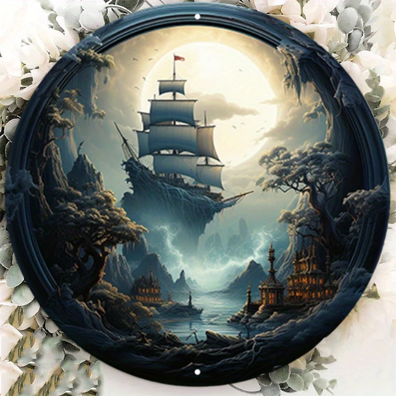 Pirate Ship Aluminum Metal Sign, Sailing Under a Full Moon, Home Decor, Circular Iron Paintings, Taverns and Caves, 8x8in, 1PC