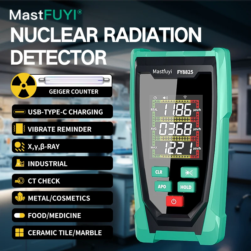 Imagem -02 - Mastfuyi Fy8825 Contador Geiger Detector de Radiação Nuclear Display Lcd Detector de Raios x Beta Gama Contador Geiger Bateria de Lítio