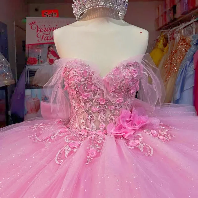 

Customized Shiny Pink Quinceanera Dresses Off the Shoulder sequin applique 3D flower Tull layering Vestido De 15 Quinceanera