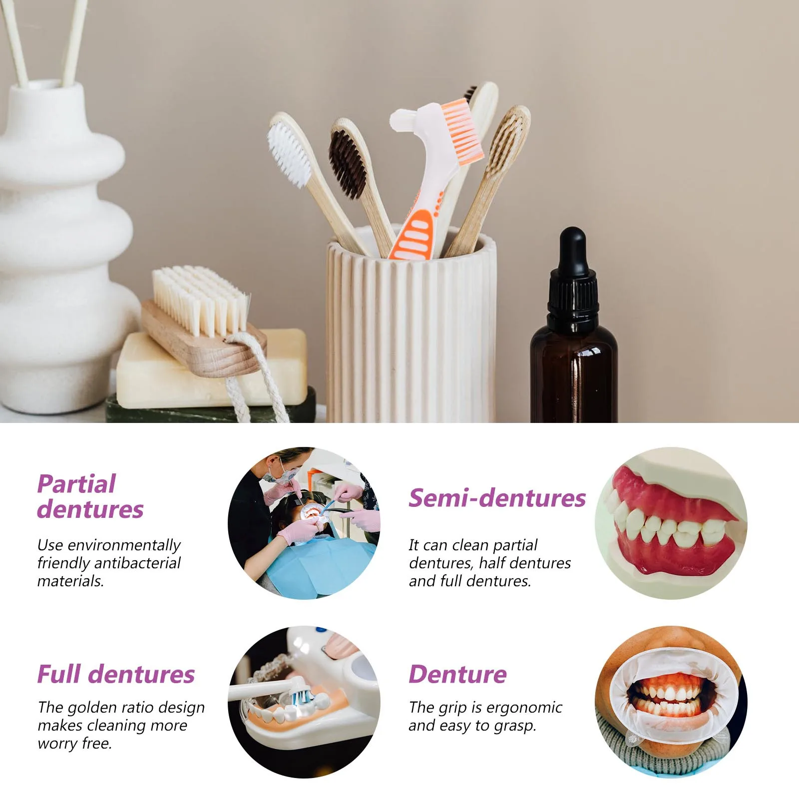 

4pcs Denture Toothbrush False Teeth Care Cleaner Color Rubberized Tpe Simple Dual Heads Portable Safe Environmentally Friendly