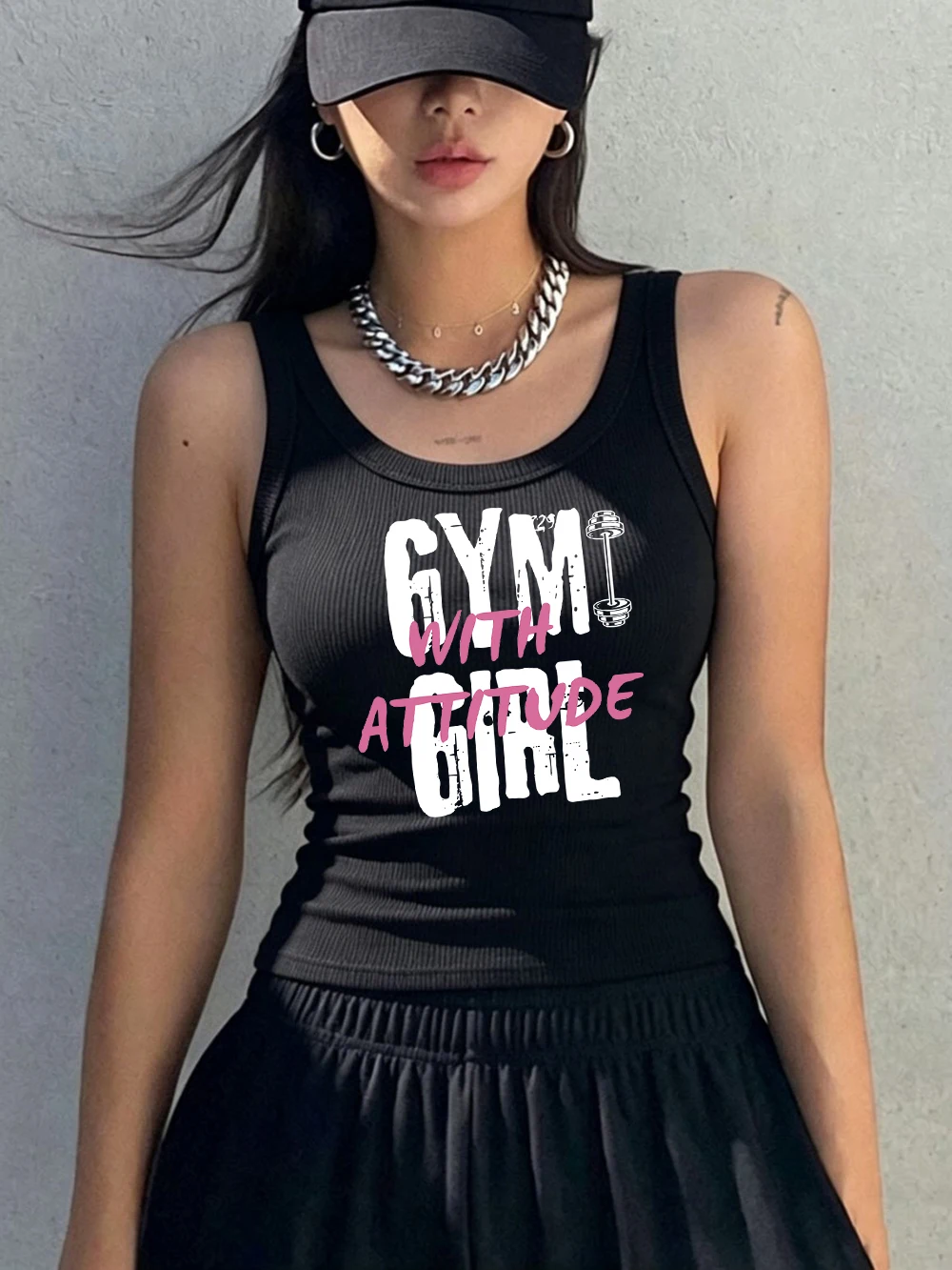 Gym Girl With Attitude Printing Tank Tops Summer Womens Ribbed Knit Sleeveless Korean O-Neck Soft Cotton Singlet Y2K Slim Vest