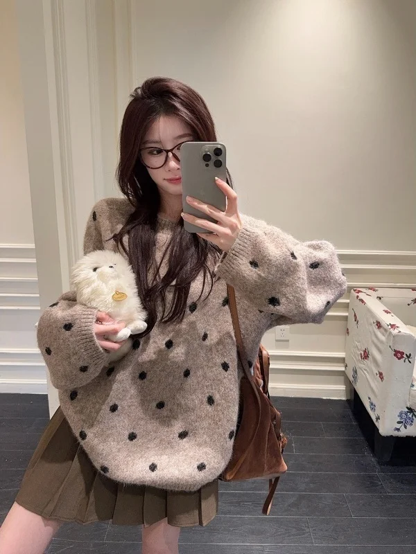 

ay Polka Dot Oversized Casual Thiened Women's Knitwear Winter Loose Fit Vintage Hong Kong Sle Inner Wear Turtlene Swe...