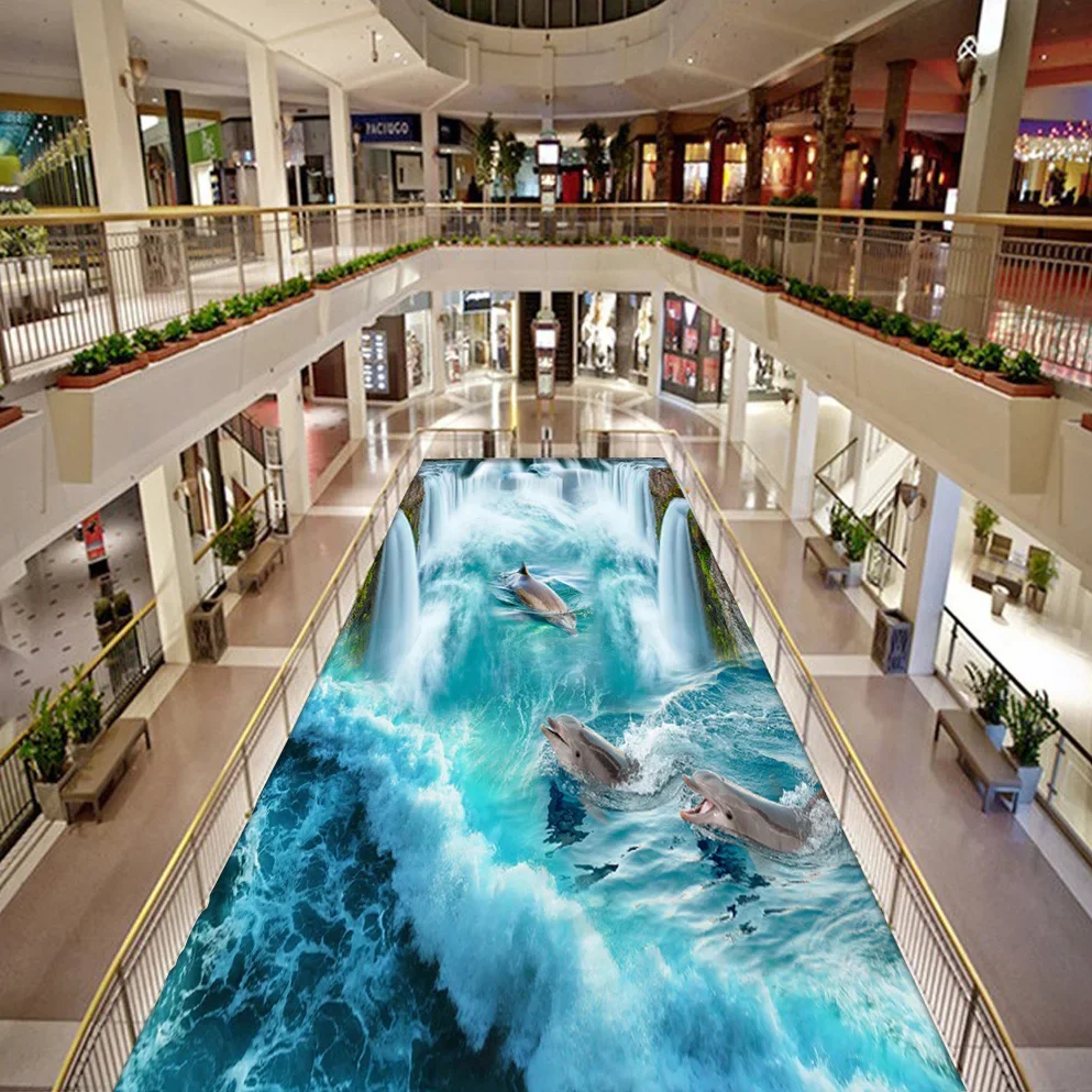 Custom 3D Flooring Mural Wallpaper Stereoscopic Dolphin Waterfall Floor Sticker Painting Bathroom Floor Decor Vinyl Wallpaper