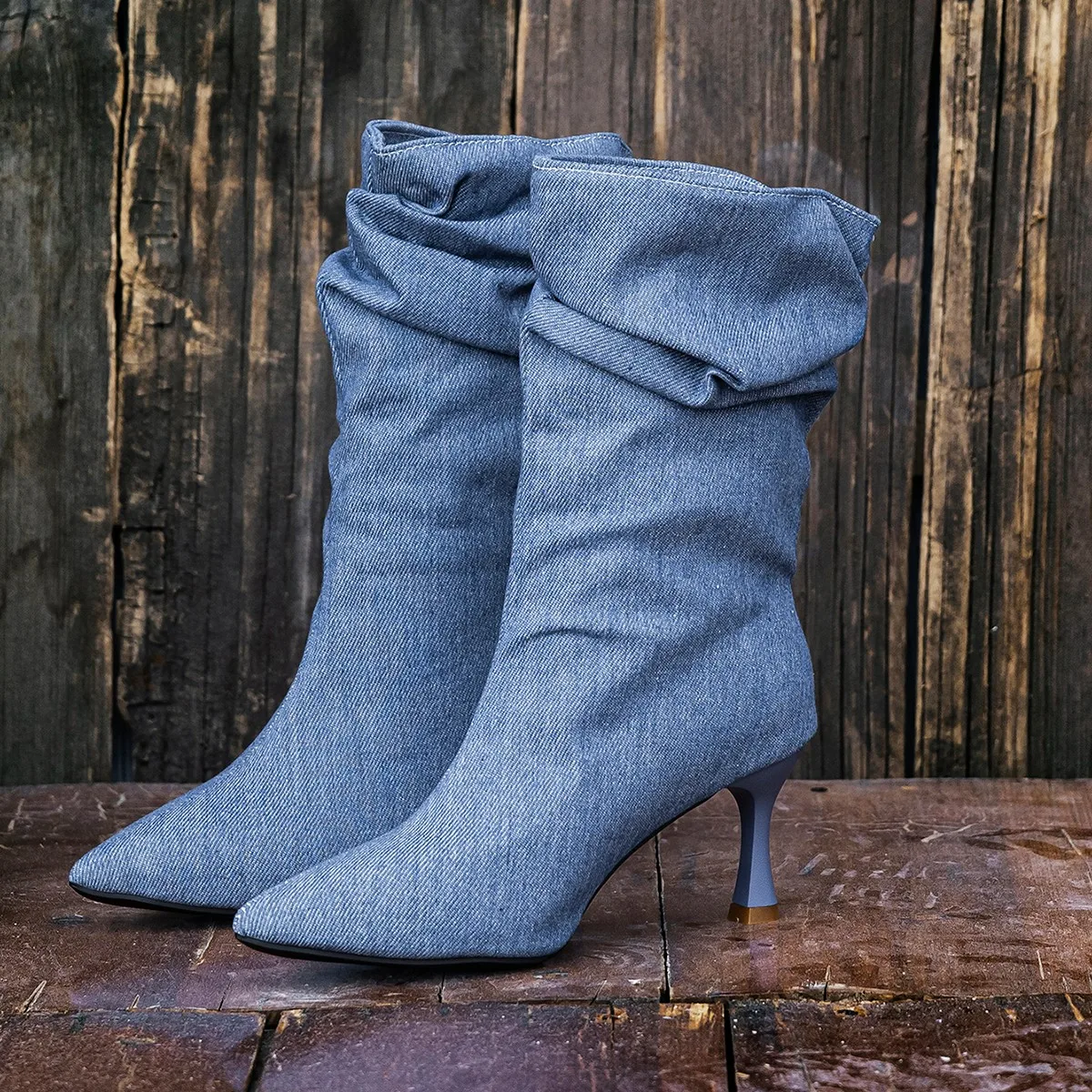 Women's Denim Ankle Boots with High Heels, Pointed Toe, and Slim Heel view 3