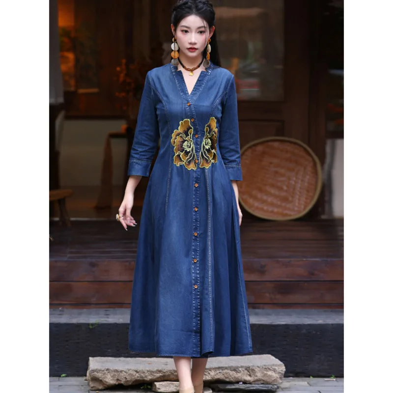 #2764 Spring Blue Long Denim Dress Women Single Breasted Asymmetrical A-line Jeans Dress Three Quarter Sleeve V-neck Cardigan