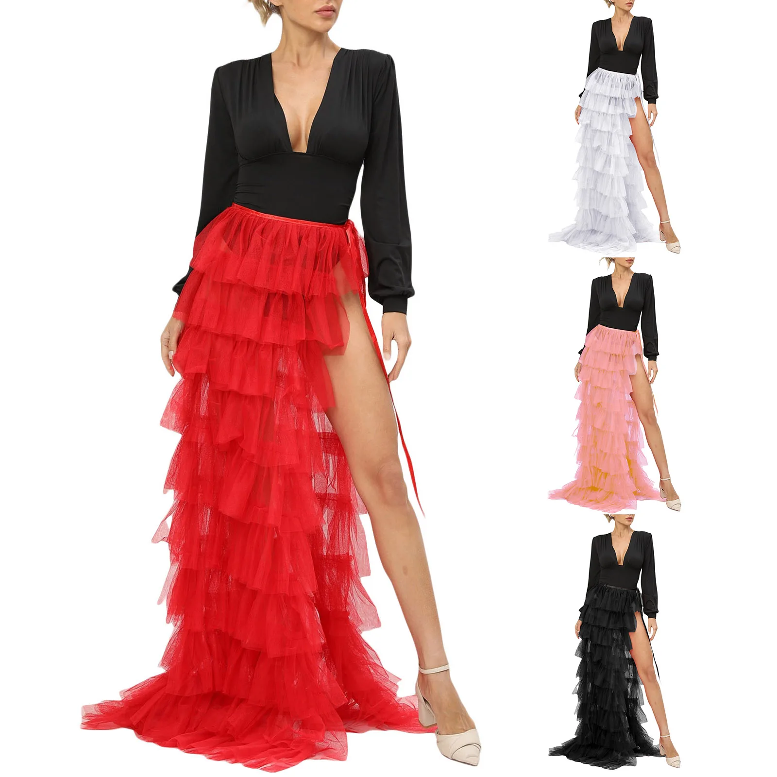 

Women Mesh Tulle Tutu Long Skirt Multi-layer Ruffled Elastic Slit Wedding Cocktail Party Overskirt for Beach Streetwear