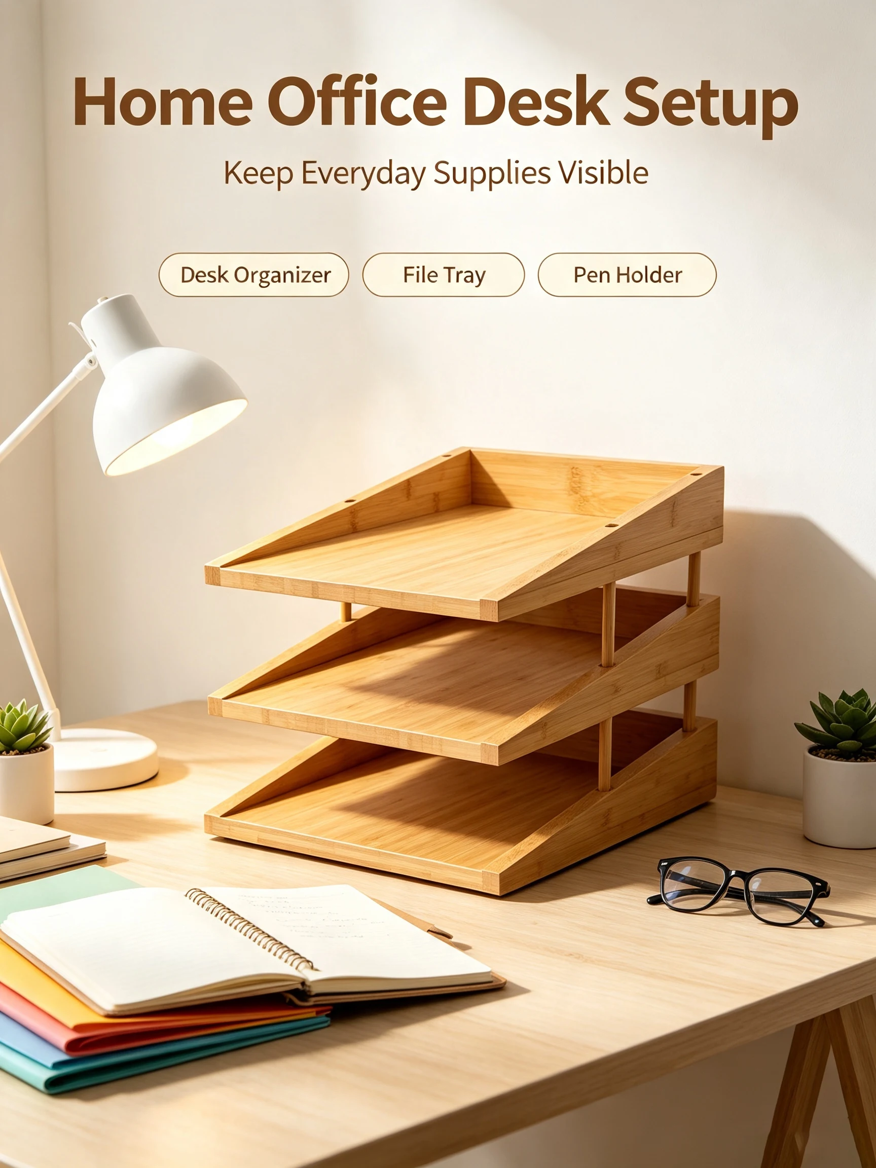 3 Tier Bamboo File Organizer Slanted Desk Paper Tray Wood Document Holder for Office Supplies, Home Office Desktop Storage Rack