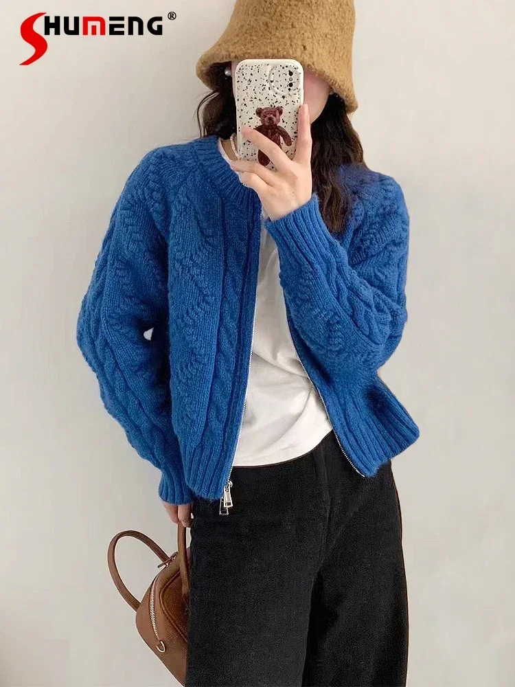 Retro Solid Color Long Sleeve Zipper Sweater Coat Women 2023 Spring and Autumn Loose Crew Neck Cropped Knitted Cardigan Female