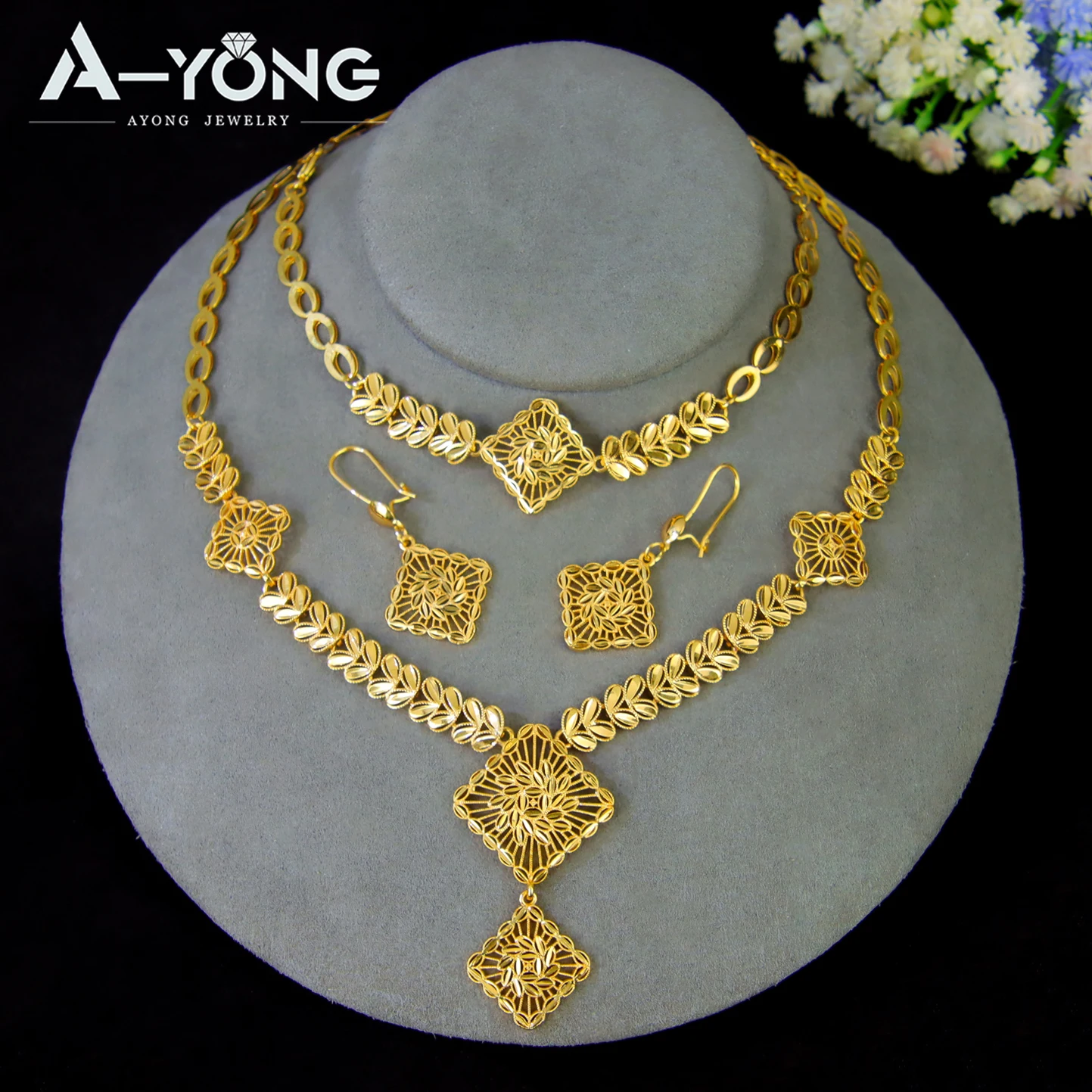 Luxuriöses Dubai Brautschmuck-Set 21k Vergoldet Nigeria Elegante Halskette Armband Ohrringe Arabischer Frauen Party-Schmuck – Detail 31