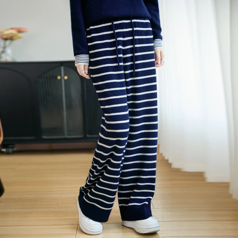 Autumn Winter New Fashion High Quality 100% Merino Wool Loose Knit Stripe Wide Leg Drop Straight Trousers Elastic Waist Pants