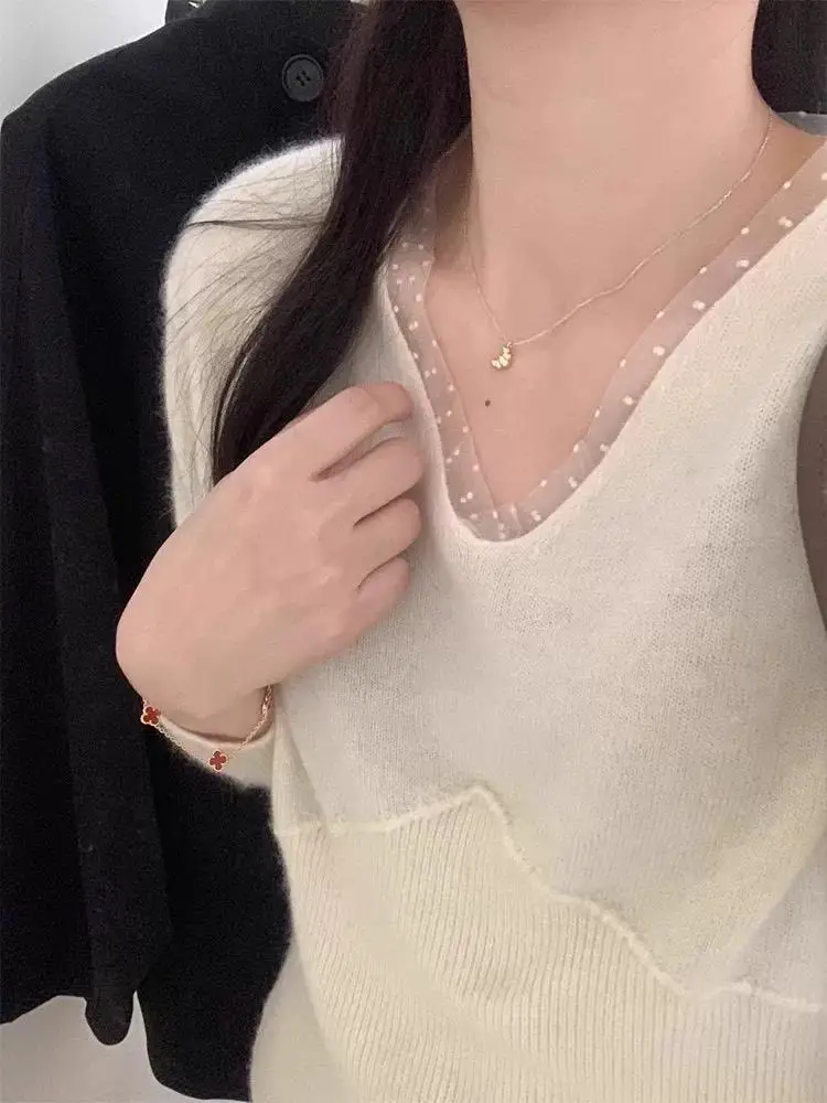 Maglione di lana lavorato a maglia da donna allentato V-Ne Lace Trim Faionable Base dimagrante irt Innerwear Trendy Long Sve Top