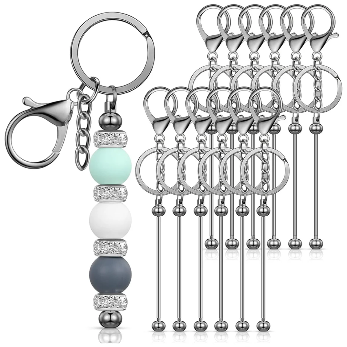 12 Pcs Beadable Keychain Bars for Beads Blank Keychain Metal Beaded Keychain for Keychain DIY Projects Pendant Jewelry