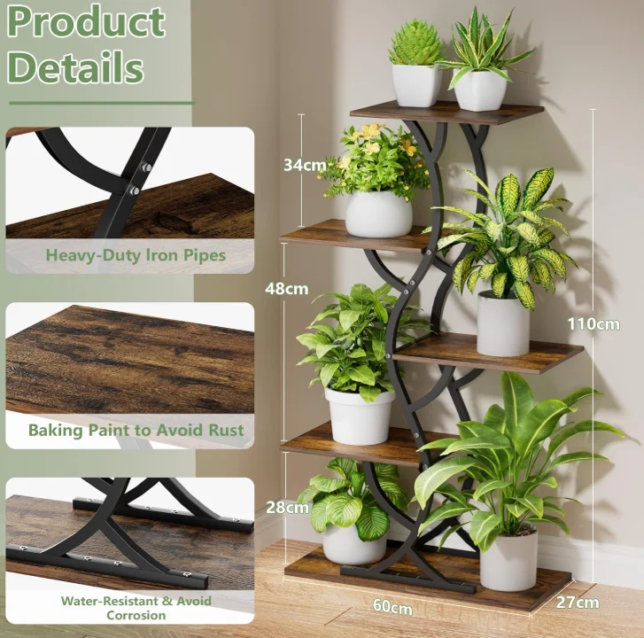 Simple Elegant 5 Layer Wooden & Metal Flower Stand Indoor for for Multiple Plants Pots Garden Living Room