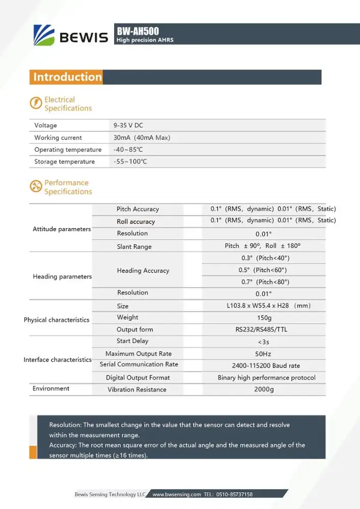Système de référence d'altitude et d'en-tête Précision de BW-AH500 Sortie RS232 RS485 TTL de 0.3 degrés