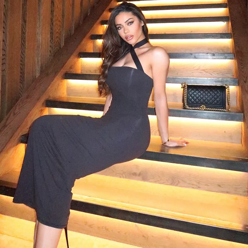 

2025 New Sexy Slim fit Cross bandage dress solid color elegant bodycon long dress for women A002