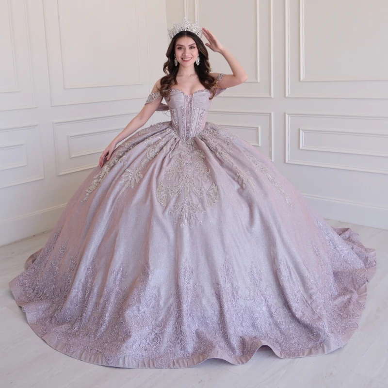 Light Lilac Glitter Quinceanera Dresses Off Shoulder Ball Gown Sweet 16 Dress Sequin Applique Lace Beads Bow Tull Party Birthday