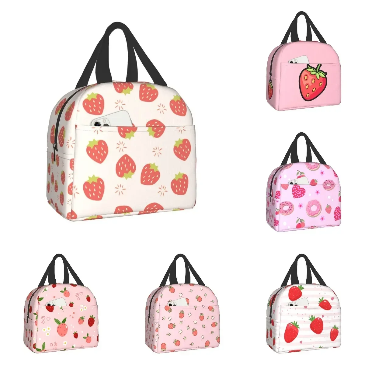 Cute Pink Strawberries Lunch Bag Reusable Lunch Box Work Bento Cooler Reusable Tote Picnic Boxes Insulated Container Bags