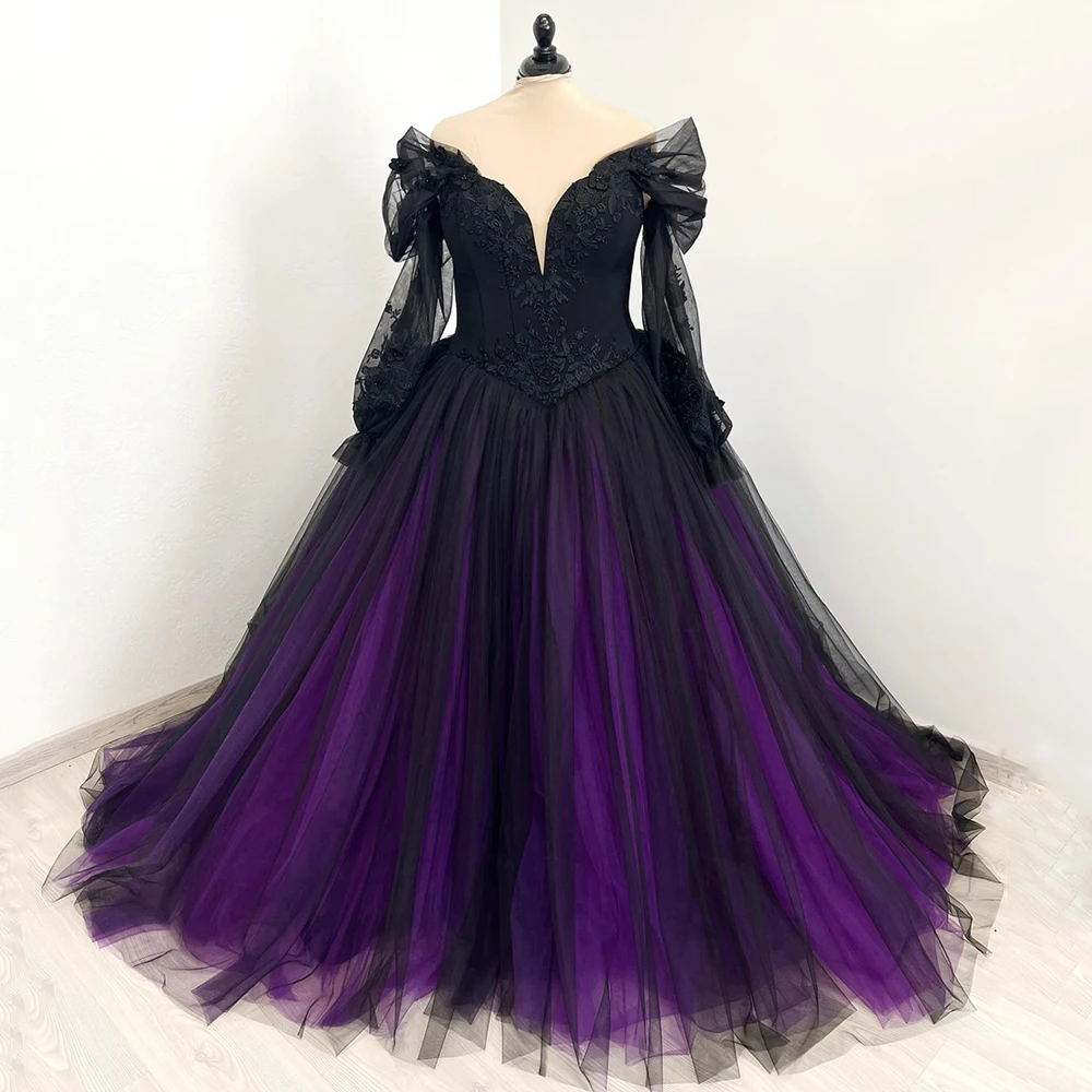 Vestido de novia gótico de talla grande, mangas abullonadas, cuello en V, vestido de novia personalizado, apliques, vestidos de novia de matrimonio negros y morados