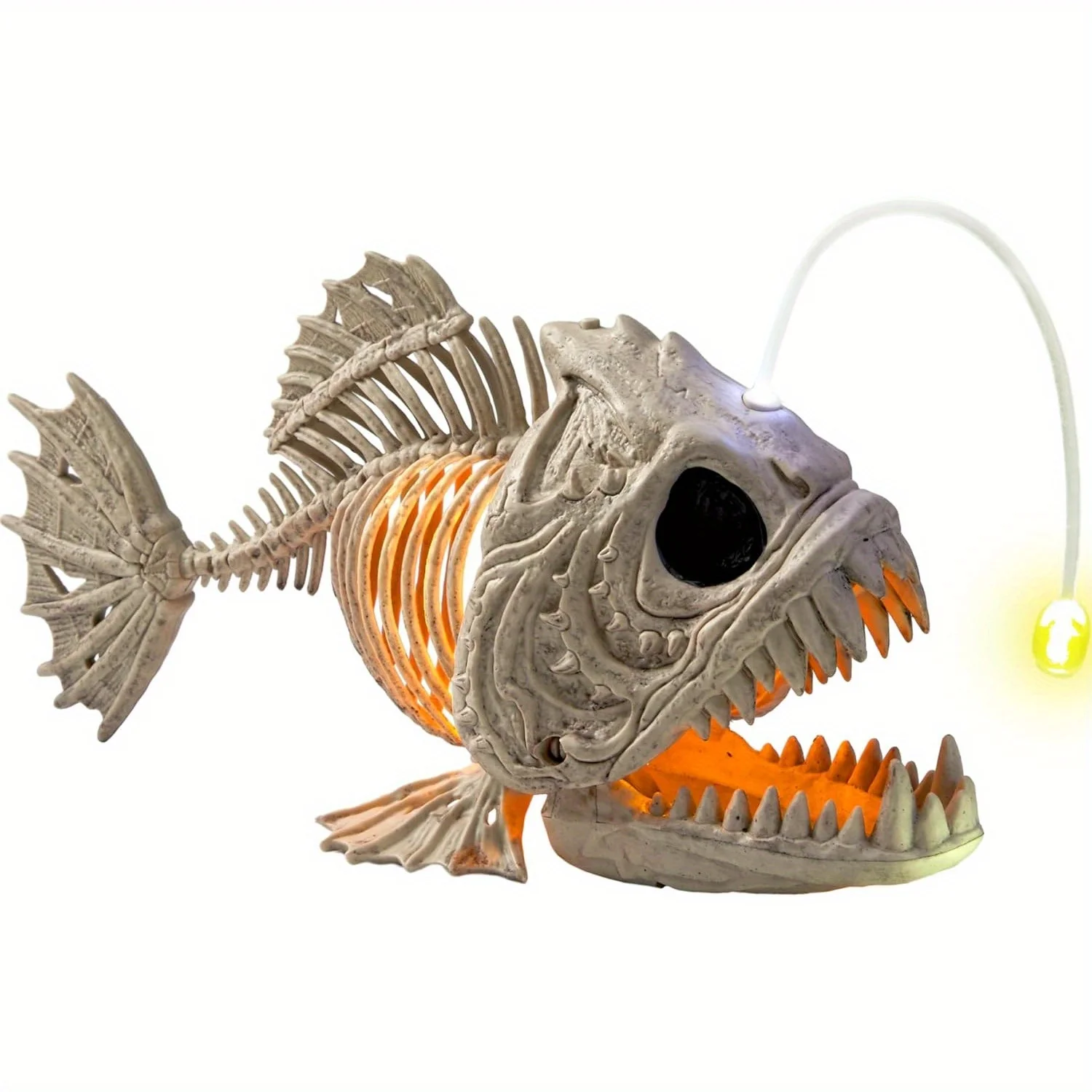 Skelett-Laternenfisch für Halloween mit LED-Auge und Plastikknochen für Halloween-Party, Foto-Requisite, Dekoration für den Friedhof, gruselige Szene für drinnen und draußen (10,2" * 5,5" * 3").
