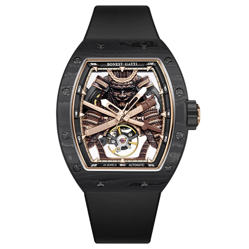 

BONEST GATTI Мужские автоматические часы 42 мм * 54 мм Механические наручные часы Tonneau Светящийся циферблат ниндзя Корпус из углеродного волокна Сапфировое зеркало