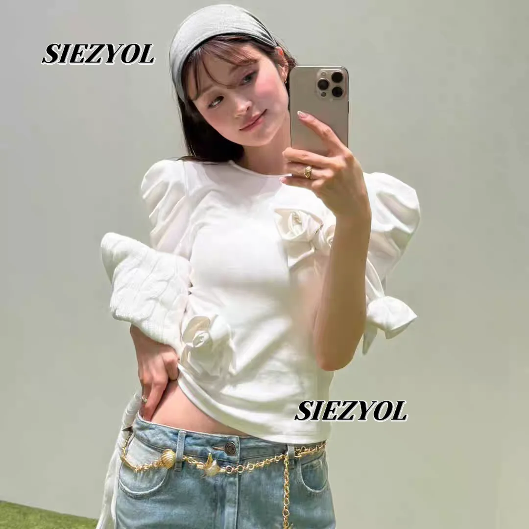 Sweet Girl Round Neck Tops Japanese Style New Spring/summer T Shirt Fashion Versatile Floral Puff Short-sleeve T-shirt