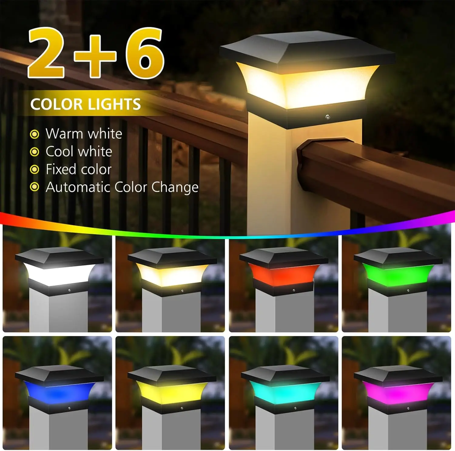 4X4 Post Solar Lights, Waterproof RGB Color-Changing for Wood/Vinyl Fence Posts, Deck, Patio & Garden (2 Pack)