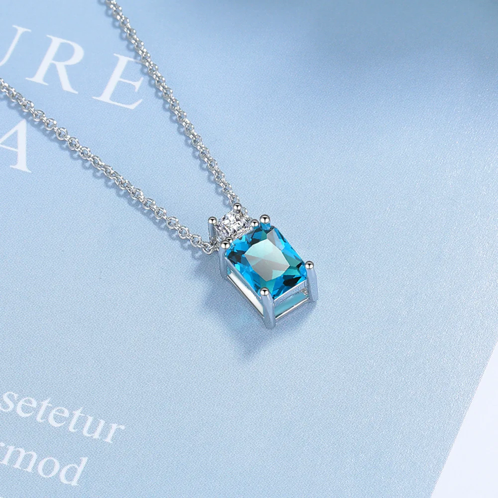 

Emerald Cut Natural Blue Topaz 925 Sterling Silver Square Pendant Necklace for Woman Ice Cut Gemstone Jewelry Choker de Prata