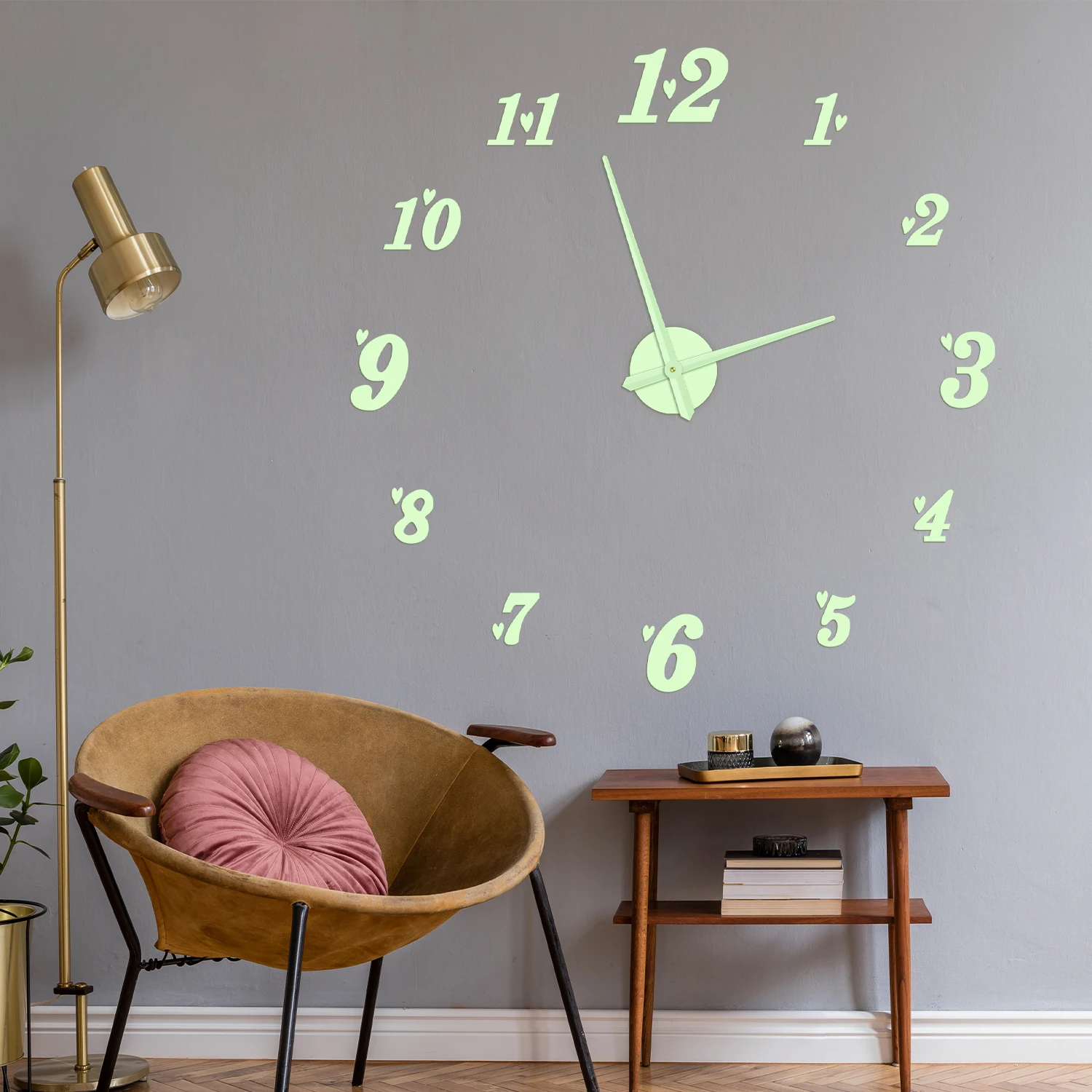 Luminous Heart Numbers DIY Wall Clock Glow in Dark for Girls Room Minimalist Home Decor Large Frameless Night Visible Wall Clock