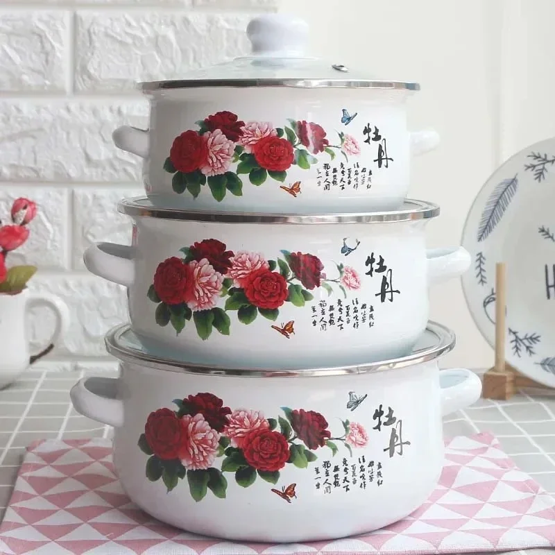 Enamel Pot Enamel Powder Rose Three-piece Enamel Soup Pot 1L2L3L Thickened Type Frying Pan 20cm Hot Pot Stew Pot Frying Pan