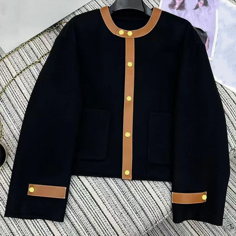 

High quality jacket Women's single-button coat with contrasting color patchwork leather woman clothes 25121020