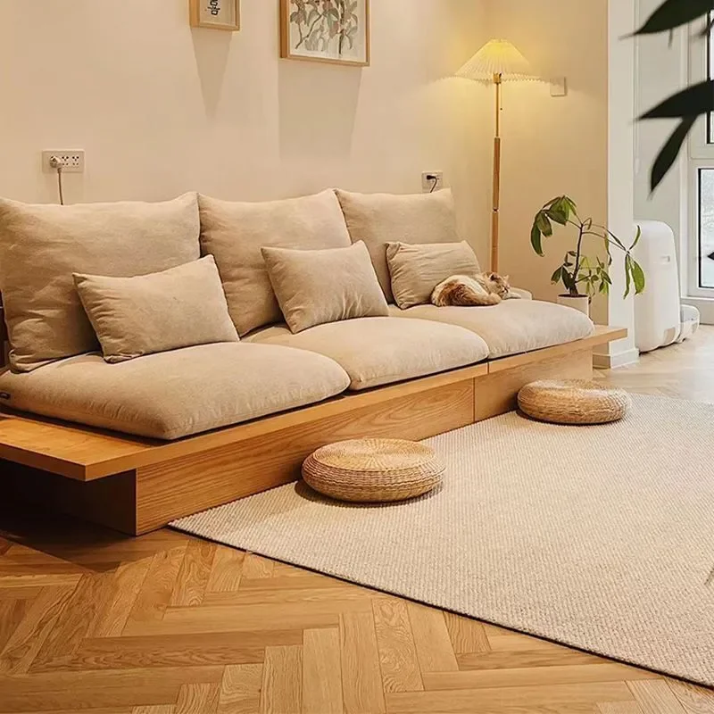 Cream Japanese Style 3 Seater Sofa Solid Wood Frame Modern Simple Fabric Couch with Storage for Small Apartment Living Room