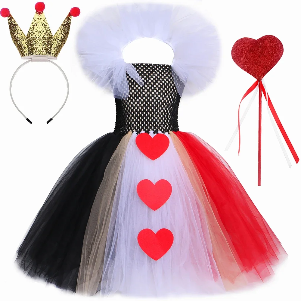 Queen of Hearts Costume for Girls Fancy Carnaval Party Dresses Wonderland Red Queen Tutu Princess Dress Kids Halloween Costumes