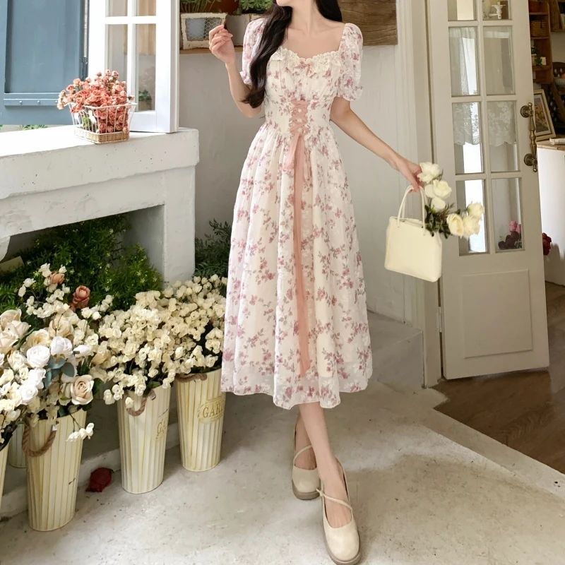 Korean Fashion Summer 2023 Chiffon Lace Fairy Dress Retro Square Neck Crushed Flowers Princess Sleeve High Waist Sweet Dress