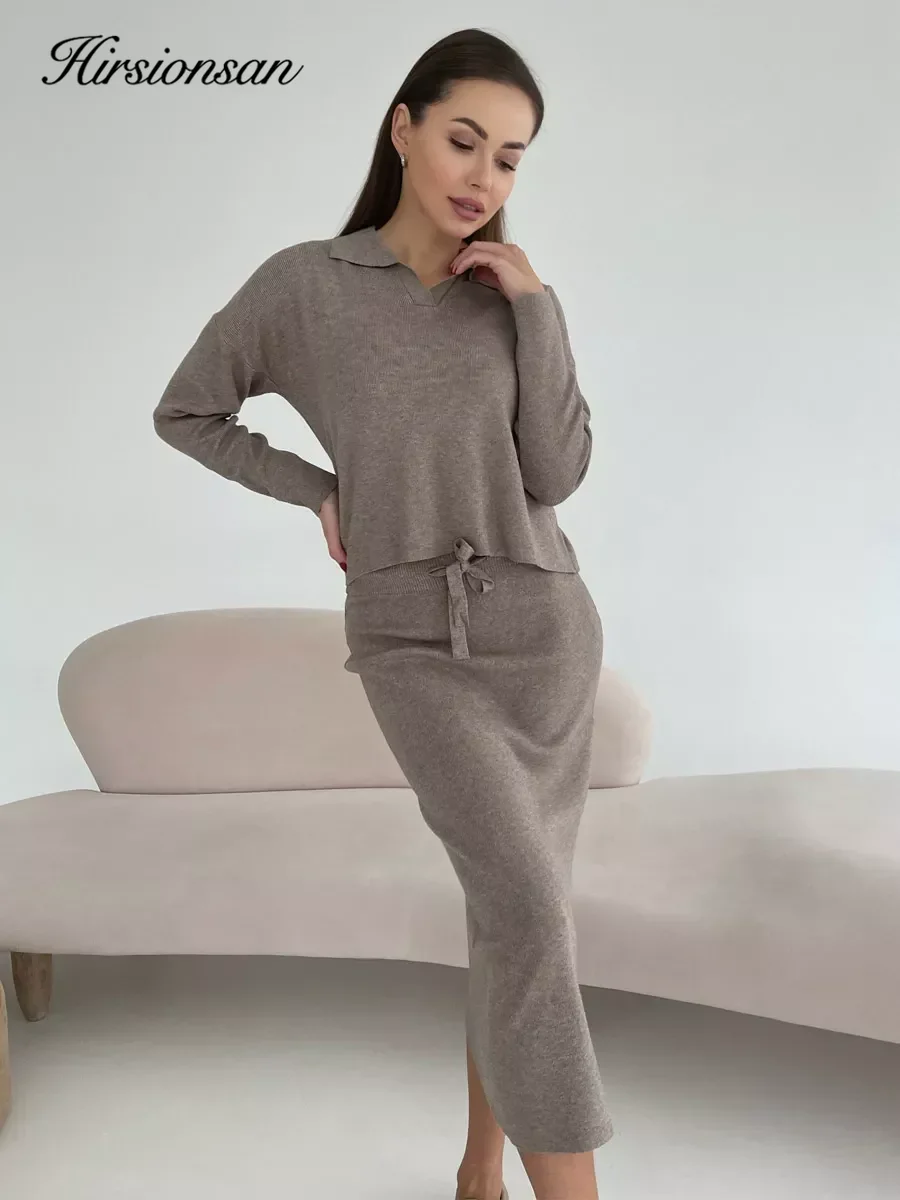 Hirsionsan Elegant Soft Vintage Women Dresses Suits 2 Pieces Female Skirt Sets O Neck Sweater & Midi Dress Knitted TrackSuit