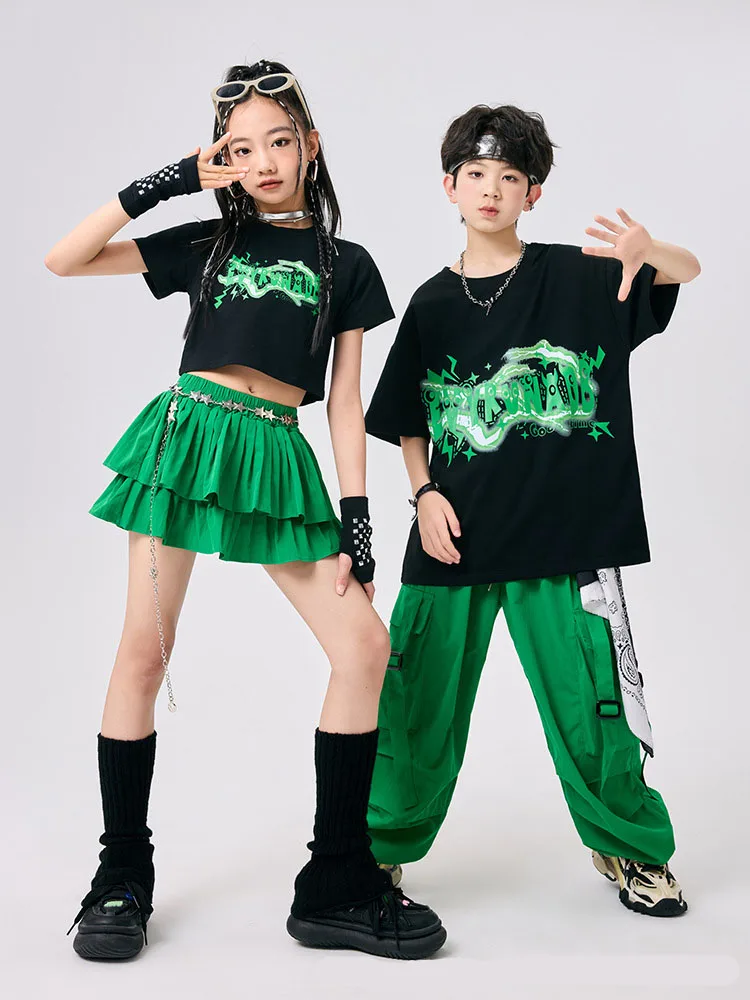 Dziecięca odzież Kpop Hip Hop Czarna Krótka Koszulka Top Zielone Spodnie Spodnie Cargo Spódnica Plisowana Warstwowa dla Dziewczynki Chłopca Stroje do Tańca