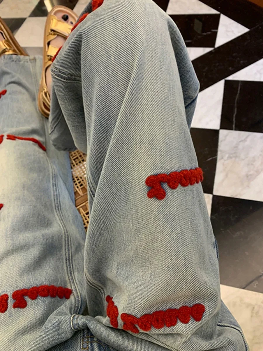 Y2K High Waisted Jeans Women American Retro Embroidered Loose Fit Slimming Wide Leg Straight Pants Autumn New