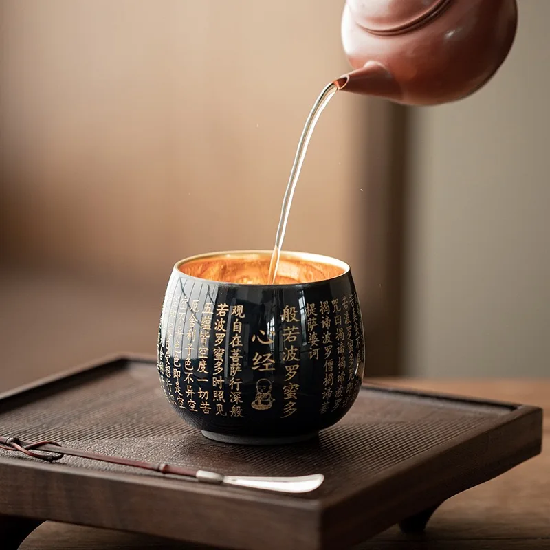 200ML Handmade Gold-plated Prajna Heart Sutra Cup Ceramic Teacup Household Master Cup Kung Fu Tea Set Personal Tea Cup Gift Box