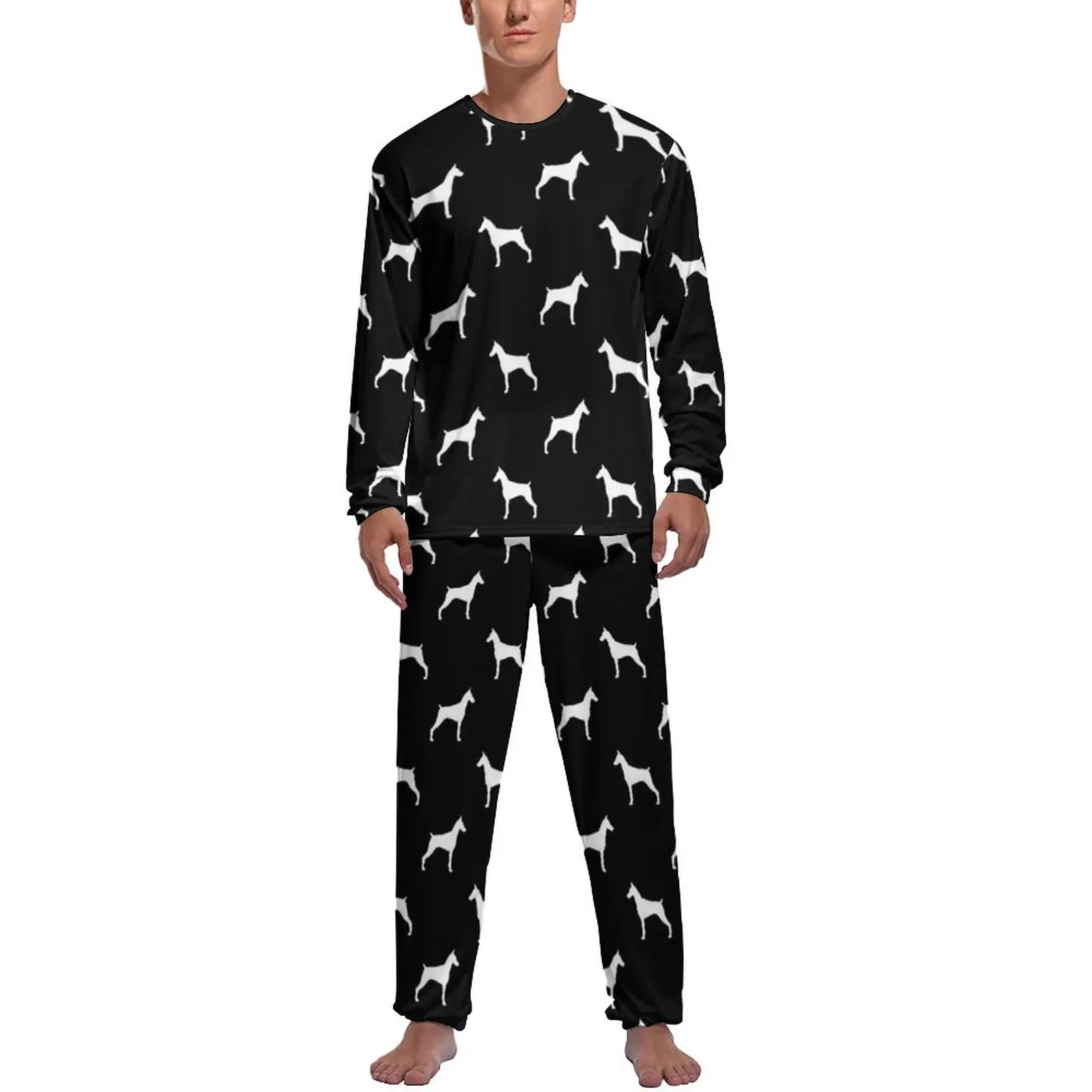 

White Dog Print Pajamas Men Pinscher Silhouette Cute Sleepwear Winter Long Sleeve Two Piece Casual Graphic Pajama Sets