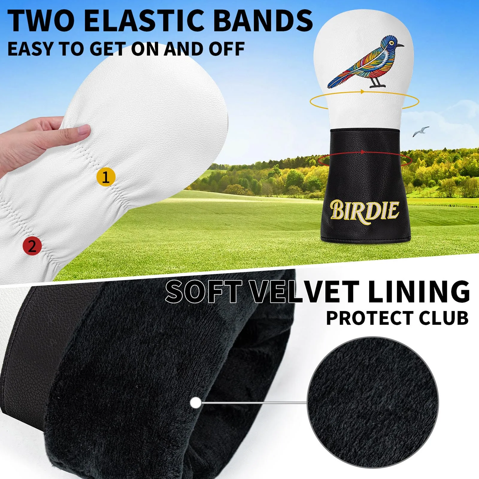 Colorful Bird Embroidery Golf Headcover Elastic Bands Color Block Water Resistant PU Leather Club Head Cover view 5