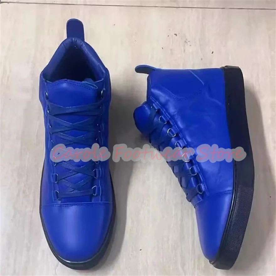 

Handmade Pleated Genuine Leather High Top Sneakers for Men Chunky Bottom Lace-Up Outside Casual Board Shoes Male Sport Shoes