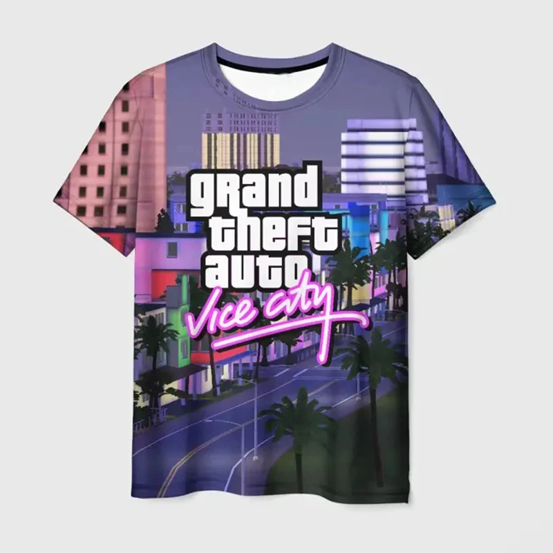 Grand Theft Auto VI masculino impresso em 3D camiseta de manga curta, moda de rua casual, camiseta de praia Harajuku extragrande, cidade do pecado