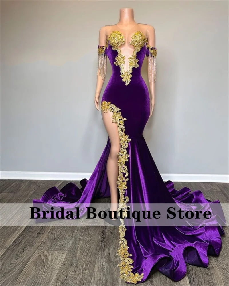 Sexy Lace Purple Mermaid Black Girl Prom Dress 2024 Velvet Beads Sheer Mesh Split Graduation Party Gowns Robe De Bal