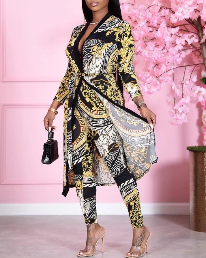 

2026 Spring and Autumn New Women's Fashion Casual Long Sleeve Baroque Printed Top and Tight Pants Set for Women