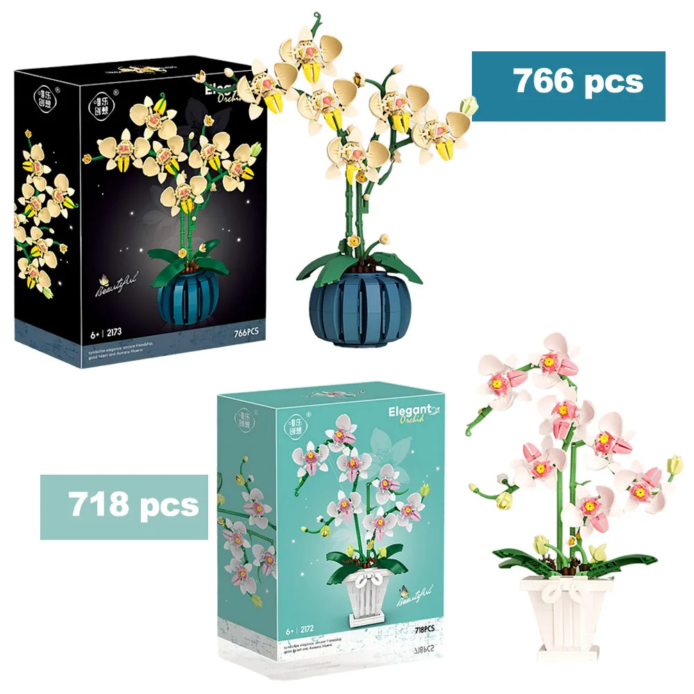 Orchid Potted Plants Building Blocks MOC Creative Simulation Flower Friends Model Bricks House Decoration Toys Kids for DIY Gift