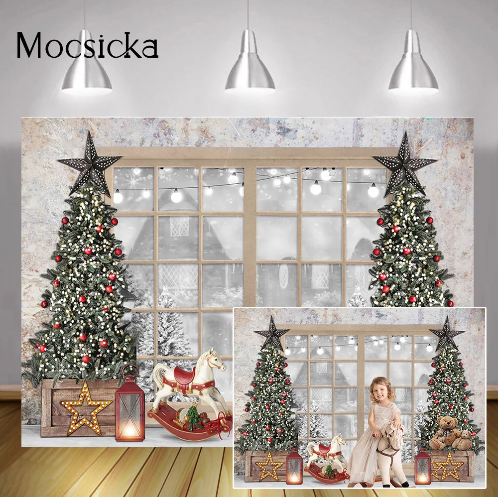 雪に覆われた窓の背景,クリスマスツリー,クマのおもちゃ,冬のパーティーの装飾,ポートレート写真撮影