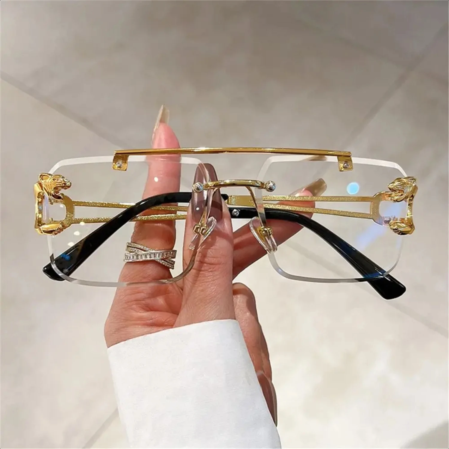 Metal Rimless Sunglasses Trendy Double Bridge UV400  Square Shades Gradient Eyewear  Women & Men