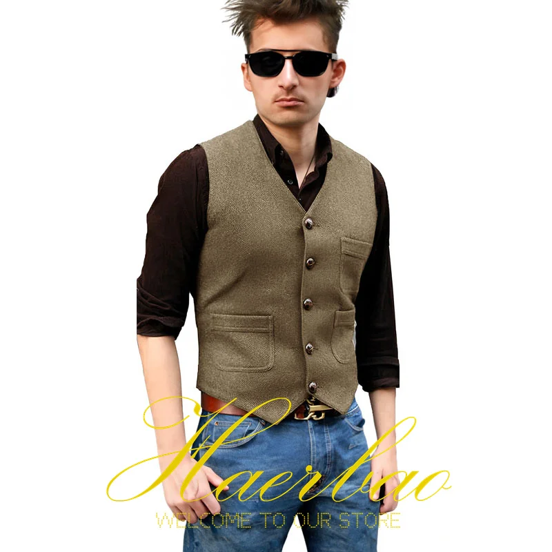 Dark Green Men's Suit Vest V-neck Single Breasted Formal Wedding Herringbone Vest for Men Waistcoat colete masculino