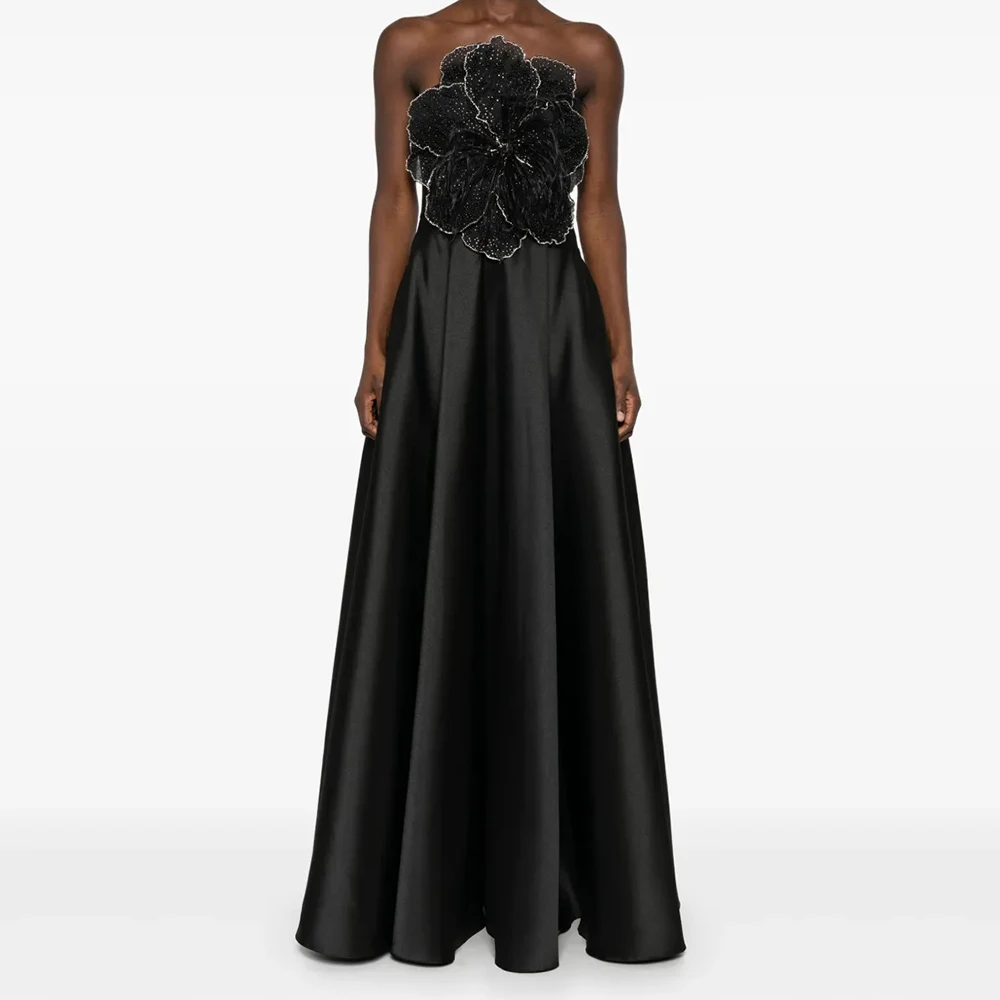 

A-line Women's Evening Dresses Floor-length Strapless Sleeveless Prom Gown Fashion Flowers Crystal Feathers Customized Gowns